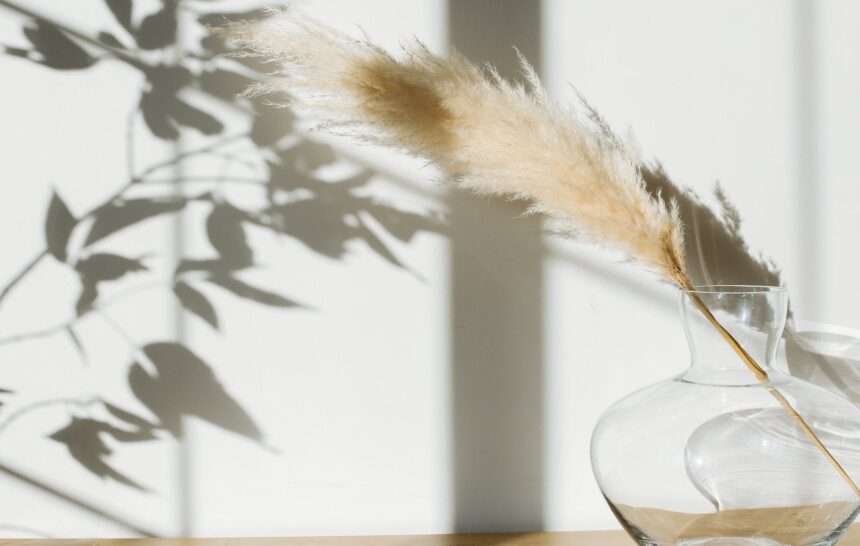 vase with pampas grass placed on desk