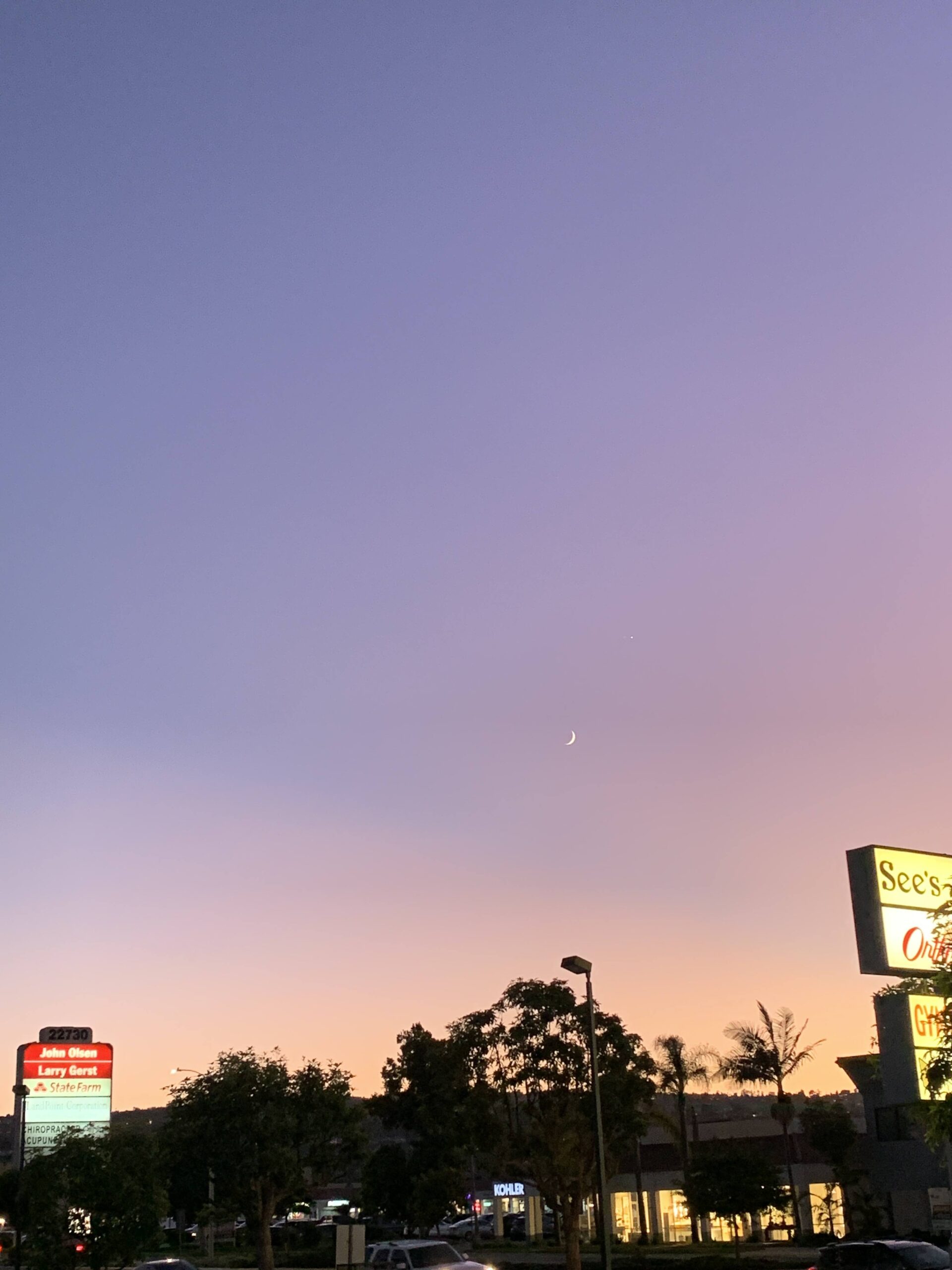 sunset sky with a tiny crescent moon and silhouettes of trees and business signs