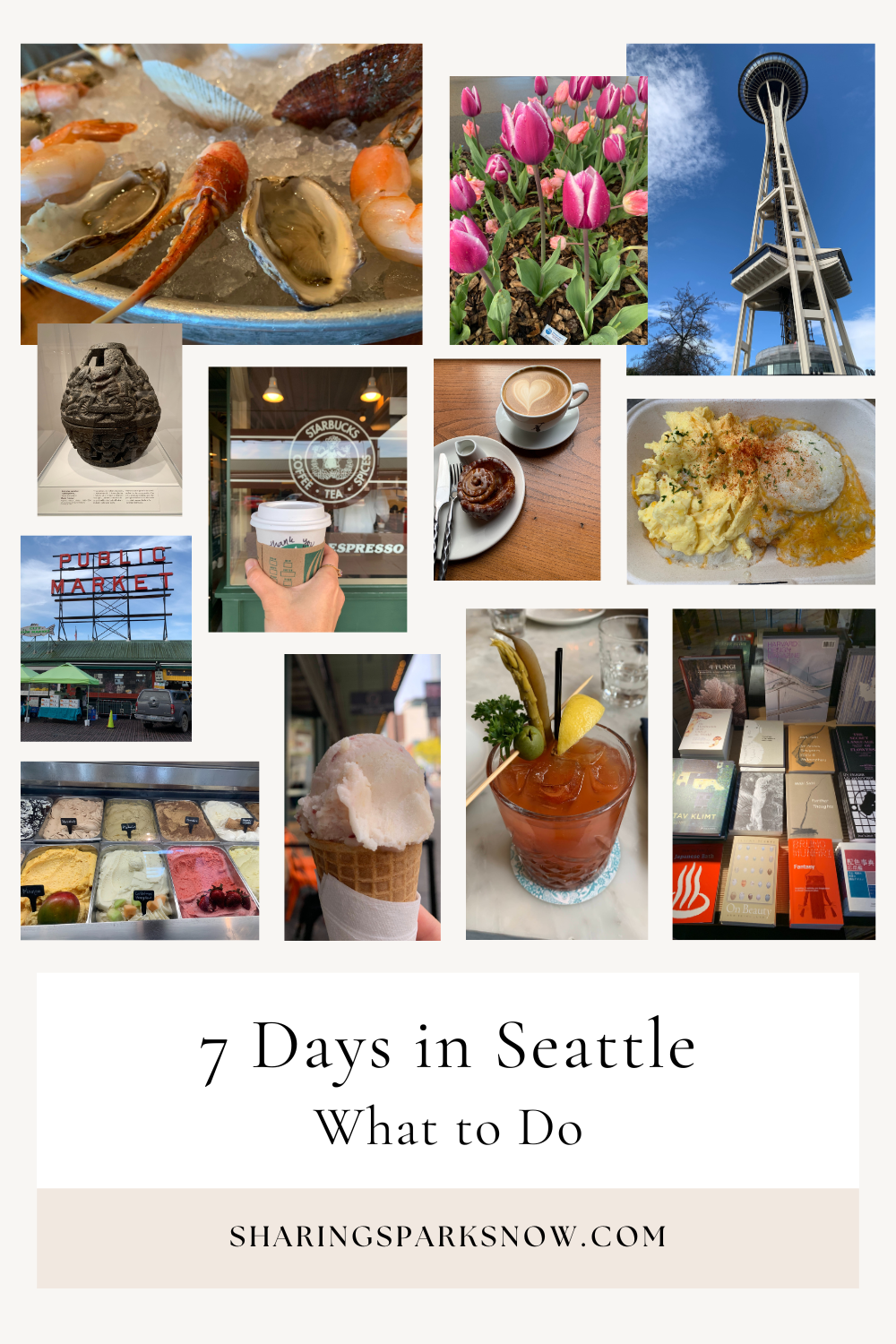 collage of different landmarks and places in Seattle including the space needle, public market, and a variety of foods